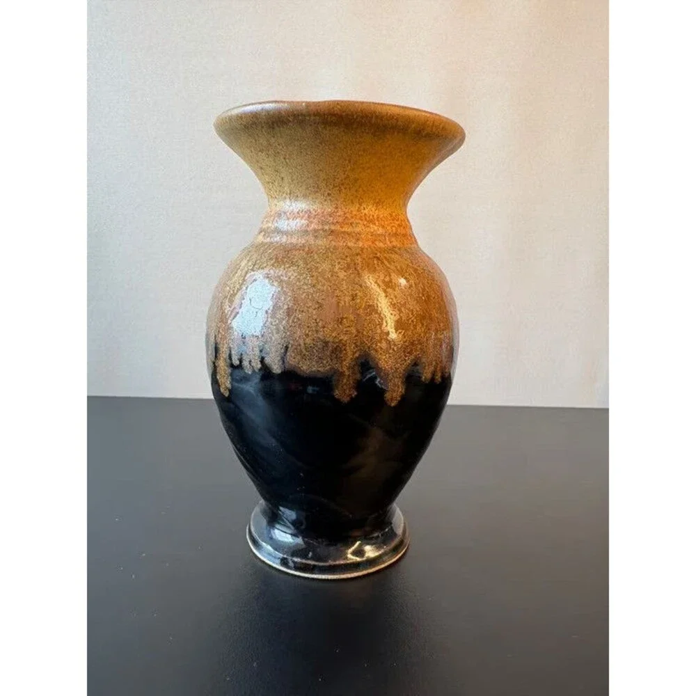 Signed Art Pottery Vase Tenmoku Black Ash Tan Baluster Dated 2009 Stoneware